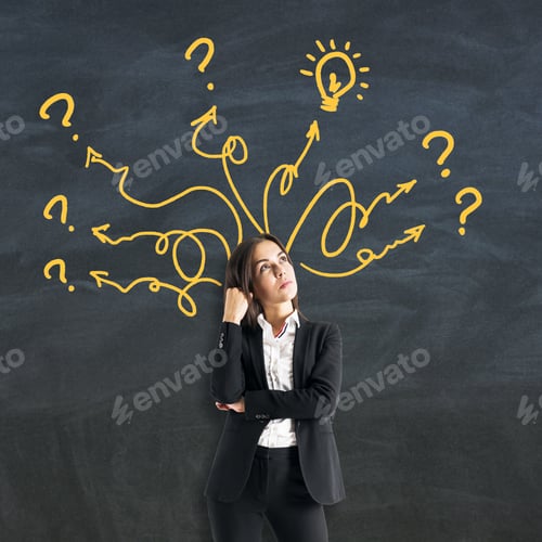 Preview: Portrait Of Young Businesswoman With Creative Scribble Arrows, Lamp And Question Marks On