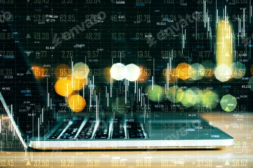 Vista previa: Close Up Of Laptop With Forex Chart Hologram On Blurry Background. Trade And Technology Concept
