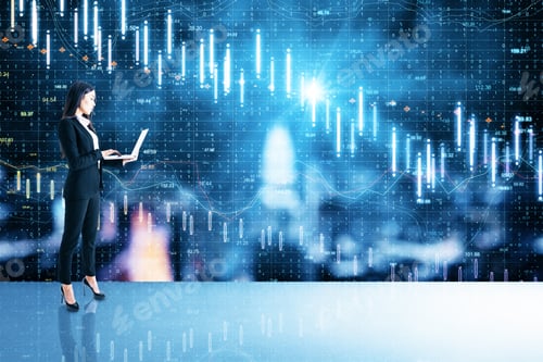 Preview: Thinking Businessman Standing Near Economic Crisis Stock Charts And Arrow On Virtual Screen. Trade