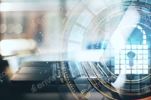 Preview: Close Up Of Laptop Computer With Creative Glowing Digital Padlock Network Interface On Blurry