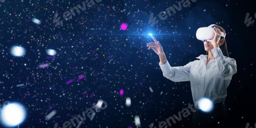 Preview: Abstract Double Exposure Image Of Attractive Young White European Woman With Vr Glasses Pointing At