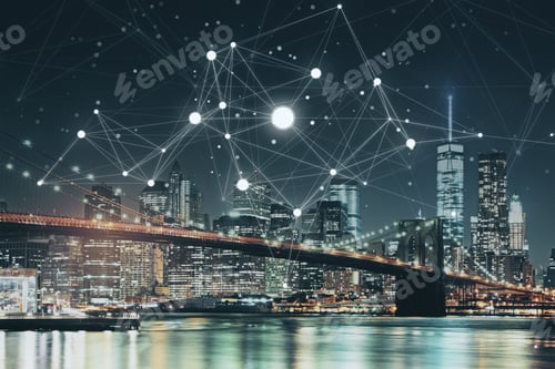 Preview: Abstract Night New York City Background With Polygonal Mesh. Communication And Urban Network