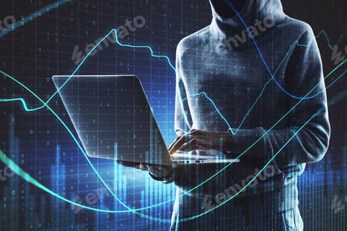 Preview: Side View Of Hacker In Hoodie Using Laptop With Forex Chart On Blurry Binary Code Background