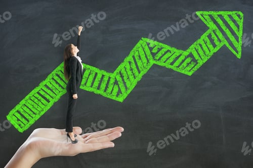 Preview: Abstract Hand Holding Happy Businesswoman With Green Arrow Sketch On Chalkboard Wall Background