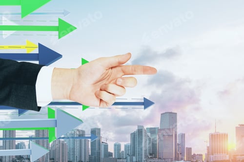 Preview: Pointing Hand With Arrows On Sky City Background. Direction And Success Concept
