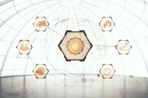 Preview: Empty Spherical Glass Interior With Digital Business Hologram. Innovation And Technology Concept