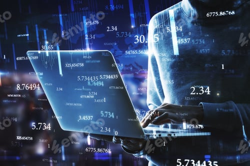 Preview: Side View Of Hacker Using Laptop With Abstract Big Data Interface On Blurry Background. Software