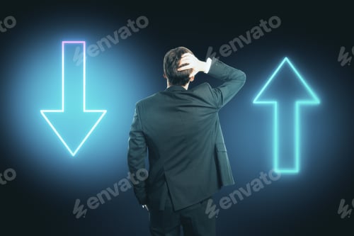 Preview: Businessman Looking On Two Neon Arrow On Blue Background. Business And Challenge Concept. Mock Up.