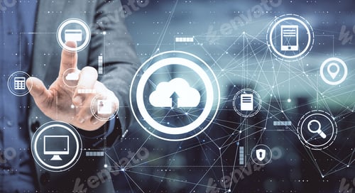 Preview: Data Storage Concept With Businessman Pushes Button On Touch Screen With Cloud Service Icons