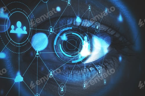 Preview: Human Eye And Cyber Technology Panel With Social Media Hologram. Cloud Computing, And Interactive