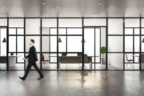 Preview: Businessman Walking In Modern Workplace Corridor With City View. Occupation And Worker Concept.