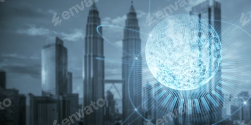 Preview: Abstract Glowing Sphere Hologram On Blue City Backdrop. Metaverse And Future Concept. Double