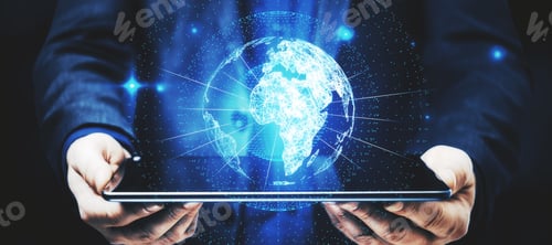 Preview: Businessman Hand Holding Tablet With Glowing Globe Hologram On Blue Background. Digital Interface