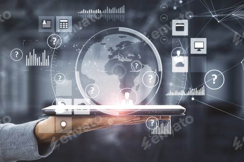 Preview: Hand Holding Tablet With Abstract Global Network Interface. Server And Technology Concept