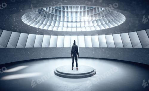 Preview: Hacker Standing In Futuristic Hall Interior With Abstract Wall And Pedestal. Performance And