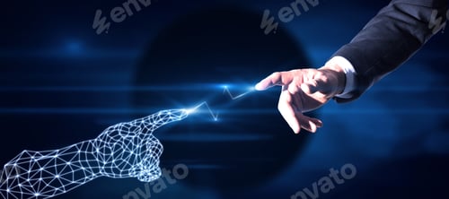 Preview: Businessman Pointing At Polygonal Hand On Blue Background. Digital Transformation And Ai Concept