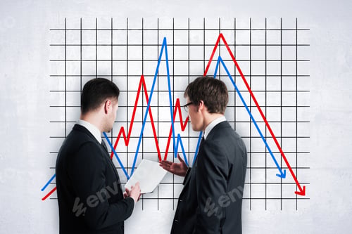 Preview: Two Attractive European Businessmen With Abstract Downward Falling Into Hole Business Chart With