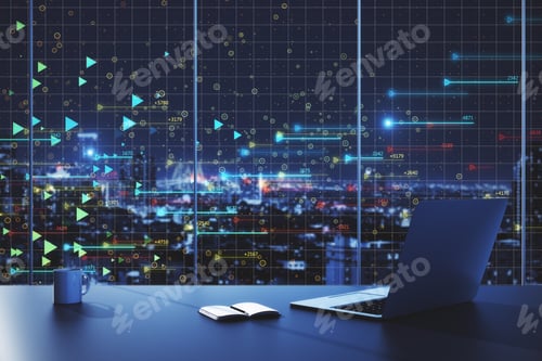 Preview: Close Up Of Laptop, Coffee Cup And Notepad In Dark Office With Night City View And Big Data Arrows