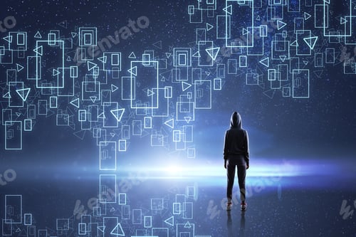 Preview: Hacking And Theft Concept. Back View Of Hacker Standing On Abstract Digital Background.