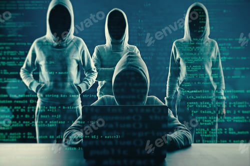 Preview: Image Of A Group Of Hackers In Hoodies Standing On Abstract Dark Coding Background. Malware