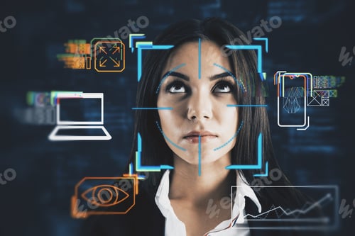 Preview: Portrait Of Attractive Young European Business Woman With Abstract Glowing Face Recognition