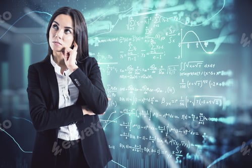 Preview: Attractive Young European Businesswoman With Glowing Mathematical Formulas Hologram Standing In