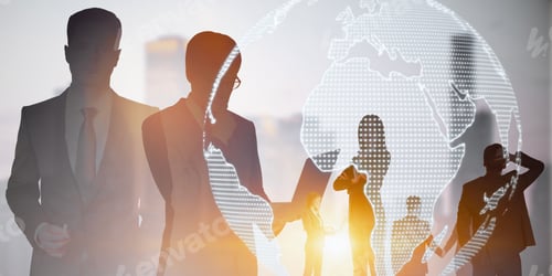 Preview: Attractive European Businesspeople Working Together On Abstract City Background With Digital Globe