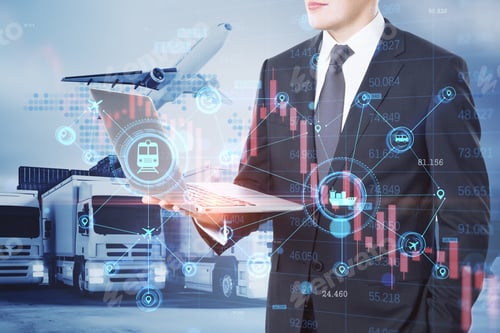 Preview: Close Up Of Businessman Hand Holding Laptop With Abstract Glowing Shipping Hologram On Dock With
