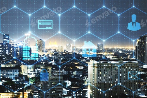 Preview: Creative Glowing Night City Background With Digital Business Interface And Padlock. Protection And