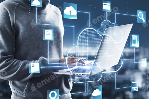 Preview: Cloud Service Security: Hacker With Laptop And Digital Screen With Cloud Service Application Icons.