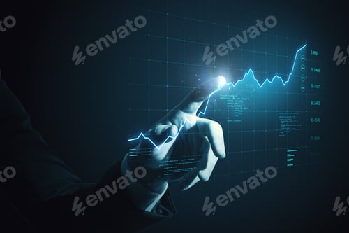 Preview: Close Up Of Man Hand Pointing At Glowing Digital Business Chart Grid. Success, Money, Metaverse And