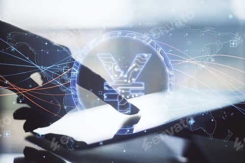 Preview: Close Up Of Hand Pointing At Tablet With Abstract Glowing Blue Yen Sign And Map With Charts On