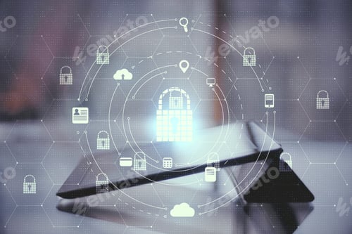 Preview: Close Up Of Tablet With Abstract Glowing Padlock Hologram On Blurry Background. Web Safety And