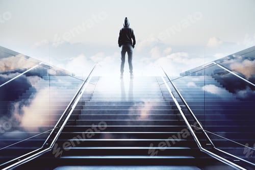Preview: Back View Of Person In Hood Climbing Abstract City Stairs On Sky Background. Success And Forward