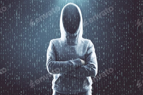 Preview: Phishing And Hacking Concept. Hacker On Abstract Grey Binary Code Background. Double Exposure