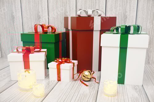 Preview: Gift Boxes, Candlesticks And Jingle Bell With Red Ribbon On Wooden Floor
