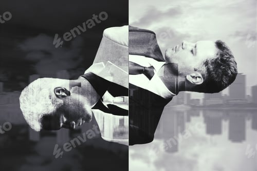 Preview: Two Abstract Portraits Of Handsome Young Businesspeople On Creative City Background. Double Exposure