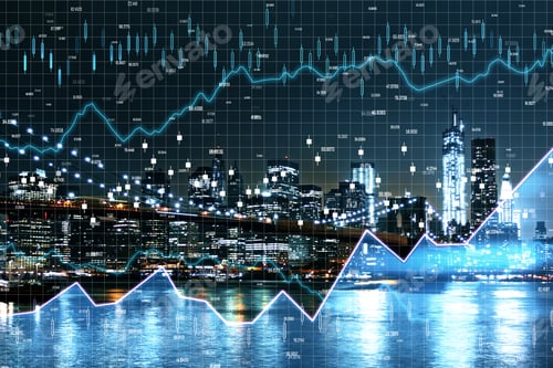 Preview: Stock Charts Hologram On Modern City Background. Business Trading Concept. Double Exposure