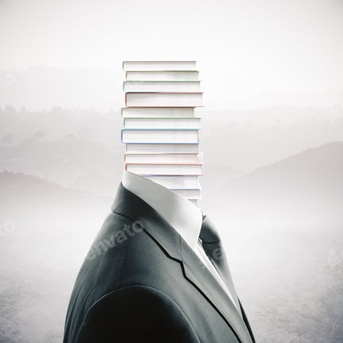 Preview: Book Pile Headed Businessman In Suit On Abstract Background. Education Concept