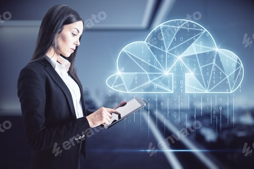Preview: Cloud Technology Concept With Businesswoman Touching Digital Tablet Screen And Virtual 3D Cloud