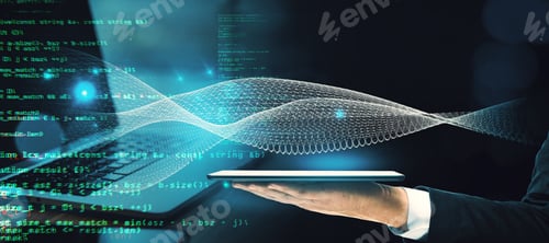 Preview: Close Up Of Businessman Hand Holding Tablet On Abstract Glowing Blue Tech Background. Innovation