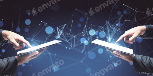 Preview: Two Businessman Using Tablets On Abstract Glowing Blue Polygonal Wallpaper. Mock Up.