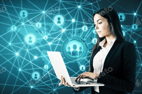 Preview: Social Network And Communication Concept. Attractive Young Businesswoman With Laptop Using Glowing