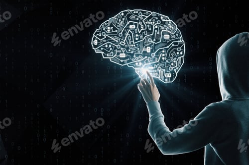 Preview: Hacker With Circuit Brain Interface On Black Background. Ai And Malware Concept