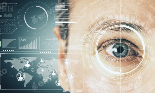 Preview: Close Up Of Man Face With Digital Business Interface. Biometrics And Technology Concept. Double