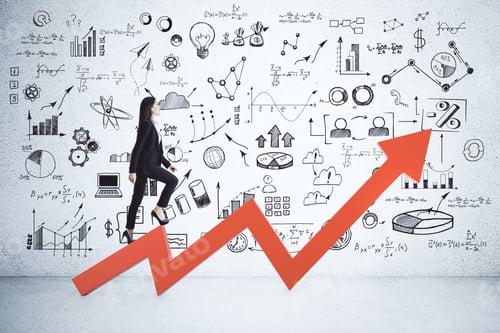 Preview: Side View Of Young Businesswoman Climbing Abstract Red Arrow In Concrete Room With Business Sketch