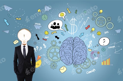 Preview: Businessman In A Suit With A Lightbulb Instead Of Head, Brain Sketch With Multiple Icons Near Him