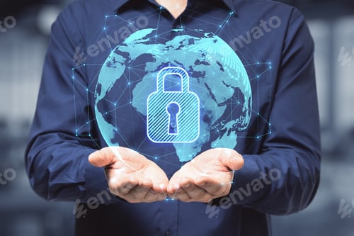 Preview: Close Up Of Male Hands Holding Abstract Glowing Globe Hologram With Security Padlock Icon On Blurry