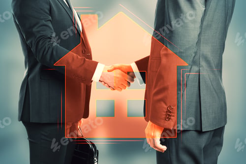 Preview: Handshake With Digital House Icon On Blurry Background. Real Estate And Mortgage Concept. Double