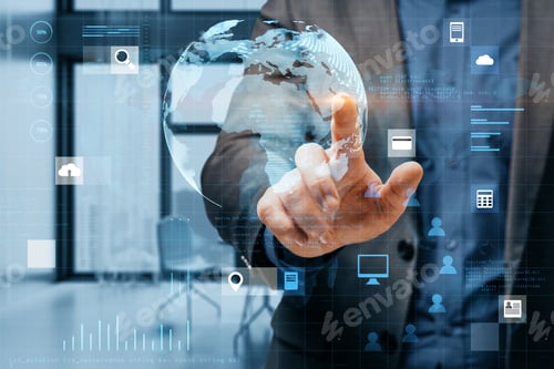 Preview: Close Up Of Businessman Hand Pointing At Abstract Digital Social Globe Grid Hologram On Blurry